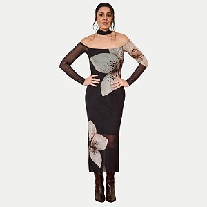 VESTIDO DOCE TRAMA MANGA LONGA TULE ESTAMPADO PRETO FEMININO ADULTO