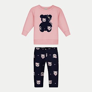 CONJUNTO INVERNO ALAKAZOO CALÇA E BLUSÃO CARECA MOLETOM ROSA FEMININO INFANTIL