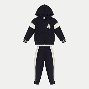 CONJUNTO INVERNO ALAKAZOO CALÇA E JAQUETA COM CAPUZ  MOLETOM PRETO MASCULINO INFANTIL