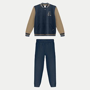 CONJUNTO INVERNO ALAKAZOO CALÇA E JAQUETA SEM CAPUZ MOLETOM AZUL MARINHO MASCULINO INFANTIL