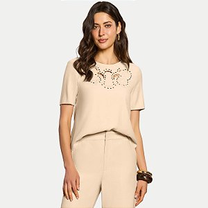 BLUSA DOCE TRAMA MANGA CURTA T-SHIRT ALGODÃO BORDADA BEGE FEMININO ADULTO