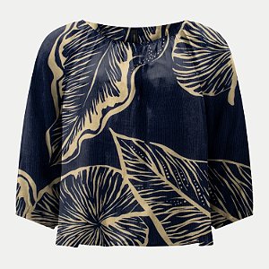 BLUSA LUNENDER 3/4 VISCOSE ESTAMPADA AZUL MARINHO FEMININO ADULTO
