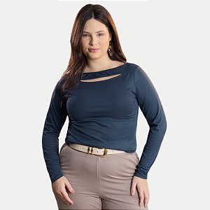 BLUSA LUNENDER MANGA LONGA MULHER MALHA CANELADA AZUL MARINHO FEMININO ADULTO