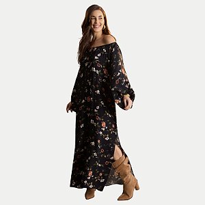 VESTIDO LUNENDER MANGA LONGA VISCOSE LONGO PRETO ESTAMPADO FEMININO ADULTO