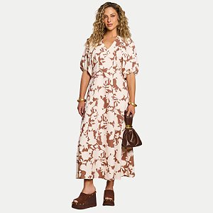 VESTIDO DOCE TRAMA 3/4 VISCOSE ESTAMPADO LONGO MARROM FEMININO ADULTO