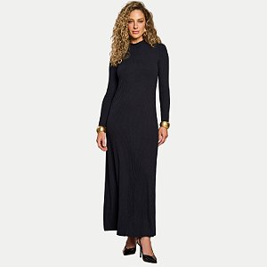 VESTIDO DOCE TRAMA MANGA LONGA MALHA CANELADA PRETO FEMININO ADULTO
