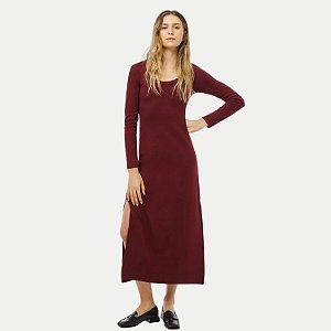VESTIDO HERING MANGA LONGA MALHA CANELADA MIDI BORDÔ FEMININO ADULTO