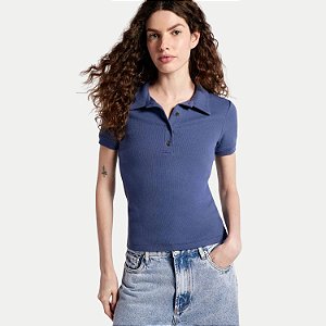 BLUSA HERING MANGA CURTA POLO MALHA CANELADA AZUL FEMININO ADULTO