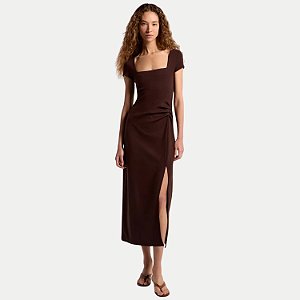 VESTIDO HERING MANGA CURTA MALHA CANELADA MIDI MARROM FEMININO ADULTO
