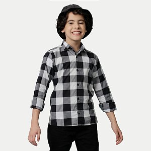CAMISA ALFA MANGA LONGA COMFORT ALGODÃO XADREZ CHUMBO MASCULINO INFANTIL