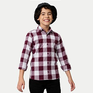 CAMISA ALFA MANGA LONGA COMFORT ALGODÃO XADREZ VINHO MASCULINO INFANTIL