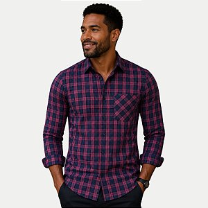 CAMISA AMIL MANGA LONGA COMFORT ALGODÃO XADREZ VINHO MASCULINO ADULTO