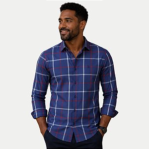 CAMISA AMIL MANGA LONGA COMFORT ALGODÃO XADREZ AZUL MARINHO MASCULINO ADULTO