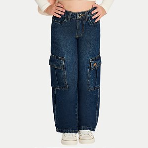 CALÇA MAX TEEN JEANS ESCURO BRUTO CARGO FEMININO INFANTIL
