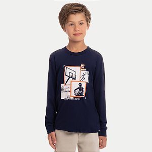 CAMISETA BY GUS MANGA LONGA COMFORT ALGODÃO SILKADO AZUL MARINHO MASCULINO INFANTIL