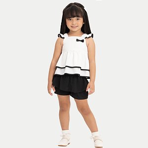 CONJUNTO VERÃO ALAKAZOO SHORT E BLUSA MANGA CURTA MALHA BRANCO E PRETO FEMININO INFANTIL