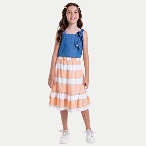 CONJUNTO VERÃO VIGAT SAIA MIDI E BLUSA REGATA JEANS MÉDIO FEMININO INFANTIL