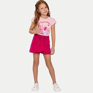 CONJUNTO VERÃO ANGERO SHORT SAIA E BLUSA MANGA CURTA MALHA ROSA FEMININO INFANTIL