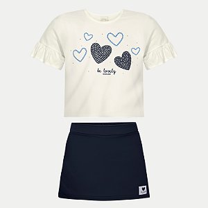 CONJUNTO VERÃO ALAKAZOO SHORT E BLUSA MANGA CURTA MALHA AZUL MARINHO FEMININO INFANTIL