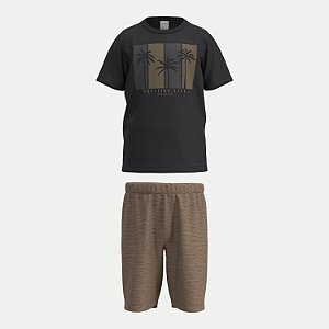 CONJUNTO VERÃO ALAKAZOO BERMUDA MOLETOM E CAMISETA MANGA CURTA PRETO MASCULINO INFANTIL