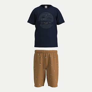 CONJUNTO VERÃO ALAKAZOO BERMUDA MOLETOM E CAMISETA MANGA CURTA MARROM MASCULINO INFANTIL