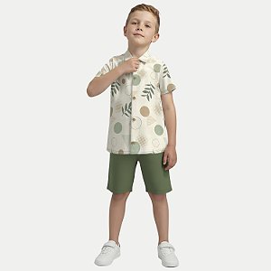 CONJUNTO VERÃO ALAKAZOO BERMUDA MOLETOM E CAMISA MANGA CURTA VERDE MASCULINO INFANTIL