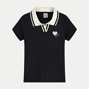 BLUSA ALAKAZOO MANGA CURTA POLO MALHA CANELADA PRETO FEMININO INFANTIL
