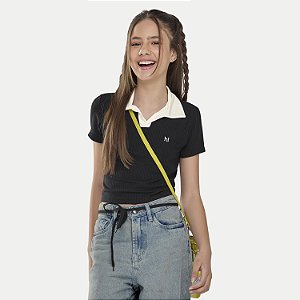 BLUSA LUNENDER HITS MANGA CURTA POLO MALHA CANELADA PRETOFEMININO JUVENIL