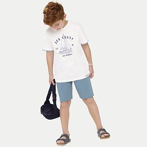 CONJUNTO VERÃO ALAKAZOO BERMUDA E CAMISETA MANGA CURTA ALGODÃO OFFWHITE MASCULINO INFANTIL