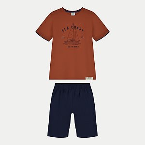 CONJUNTO VERÃO ALAKAZOO BERMUDA E CAMISETA MANGA CURTA ALGODÃO LARANJA MASCULINO INFANTIL