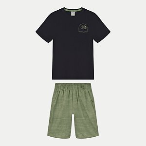 CONJUNTO VERÃO ALAKAZOO BERMUDA E CAMISETA MANGA CURTA MISTO PRETO MASCULINO INFANTIL