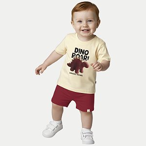 CONJUNTO VERÃO ALAKAZOO BERMUDA E CAMISETA MANGA CURTA ALGODÃO CREME MASCULINO INFANTIL