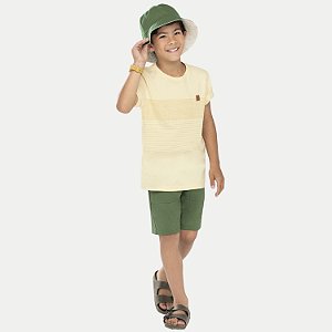 CONJUNTO VERÃO ALAKAZOO BERMUDA E CAMISETA MANGA CURTA ALGODÃO CREME MASCULINO INFANTIL