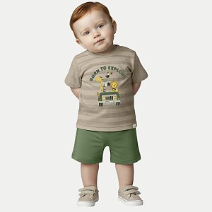 CONJUNTO VERÃO ALAKAZOO BERMUDAE CAMISETA MANGA CURTA ALGODÃO VERDE MASCULINO INFANTIL