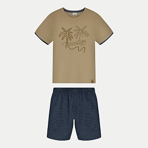 CONJUNTO VERÃO ALAKAZOO BERMUDA E CAMISETA MANGA CURTA ALGODÃO BEGE MASCULINO INFANTIL