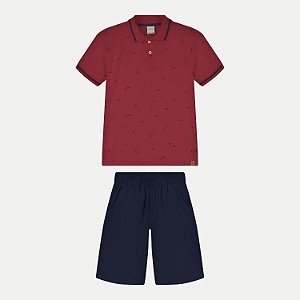 CONJUNTO VERÃO ALAKAZOO BERMUDA E POLO MANGA CURTA ALGODÃO VERMELHO MASCULINO INFANTIL