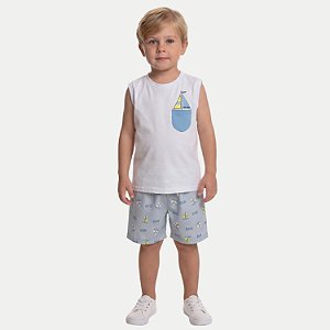 CONJUNTO VERÃO BY GUS BERMUDA E CAMISETA REGATA MALHA BRANCO MASCULINO INFANTIL