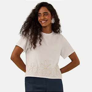 BLUSA LUNENDER MANGA CURTA MALHA BORDADA OFFWHITE FEMININO ADULTO
