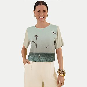 BLUSA LUNENDER MANGA CURTA VISCOSE E ELASTANO ESTAMPADA BEGE FEMININO ADULTO