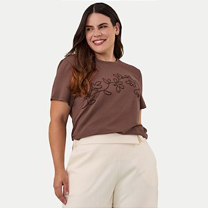 BLUSA LUNENDER MANGA CURTA MISTO BORDADO MARROM FEMININO ADULTO