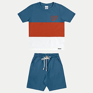 CONJUNTO VERÃO ANGERO BERMUDA E CAMISETA MANGA CURTA MALHA AZUL MASCULINO INFANTIL