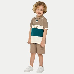 CONJUNTO VERÃO ANGERO BERMUDA E POLO MANGA CURTA MALHA BEGE MASCULINO INFANTIL