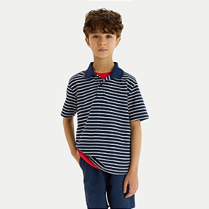 POLO HERINGKIDS MANGA CURTA COMFORT MALHA LISTRADA AZUL MARINHO MASCULINO INFANTIL