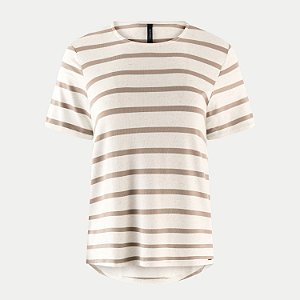 BLUSA LUNENDER MANGA CURTA MALHA LINHO LISTRADA BEGE FEMININO ADULTO
