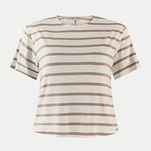 BLUSA LUNENDER MANGA CURTA LINHO LISTRADA BEGE FEMININO ADULTO
