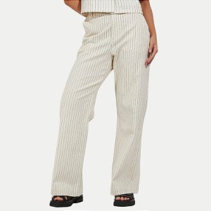 CALÇA YOUNG BRIM BRUTO WIDE LEG LISTRADA BEGE FEMININO ADULTO
