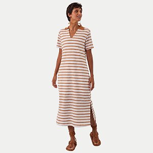VESTIDO LUNENDER MANGA CURTA MISTO MIDI CARAMELO FEMININO ADULTO