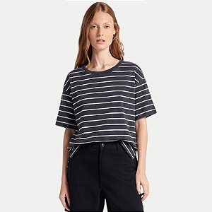 BLUSA HERING MANGA CURTA  MALHA LISTRADA AZUL MARINHO FEMININO ADULTO