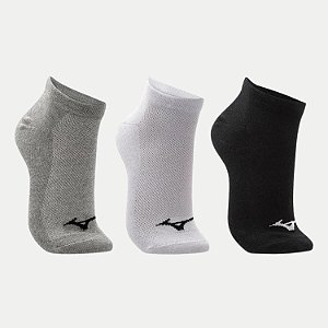 MEIA MIZUNO SOQUETE CANO CURTO KIT COM 3 PARES CINZA BRANCO E PRETO UNISEX ADULTO