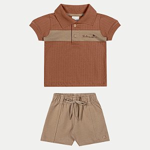 CONJUNTO VERÃO ANGERO BERMUDA E POLO MANGA CURTA MALHA BEGE MASCULINO INFANTIL